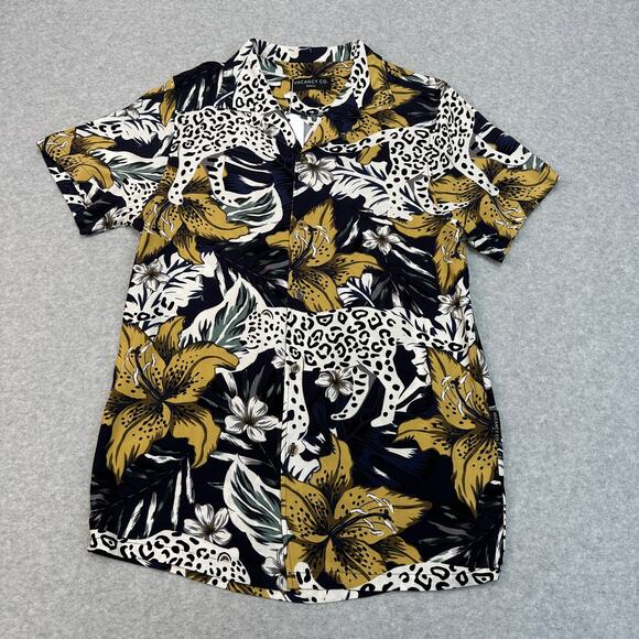 Vacancy Co Cheetah Rayon Shirt Mens S Black Yellow Tropical Short Sleeve Button - Picture 4 of 10